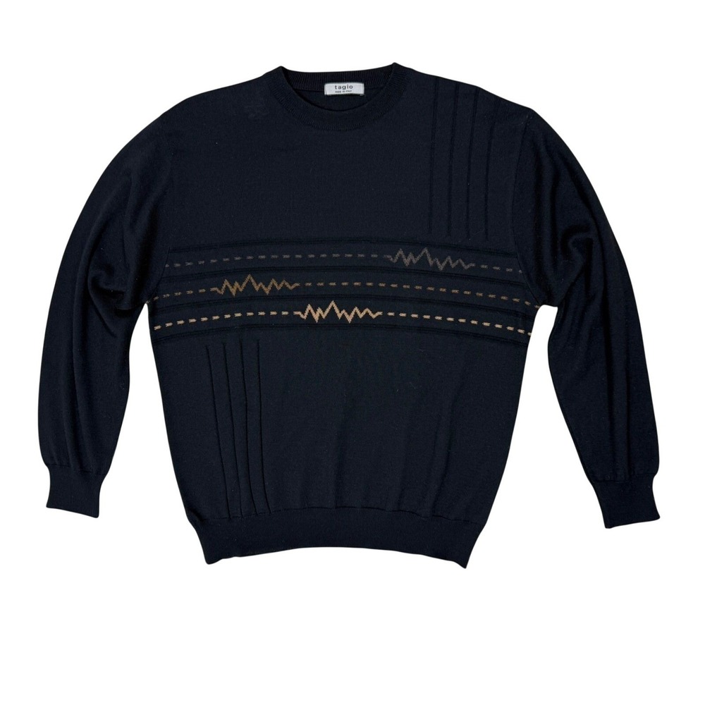 L Tagio Mens Merino Wool Blend Sweater Black Made‎ in Italy Pull Over Preppy